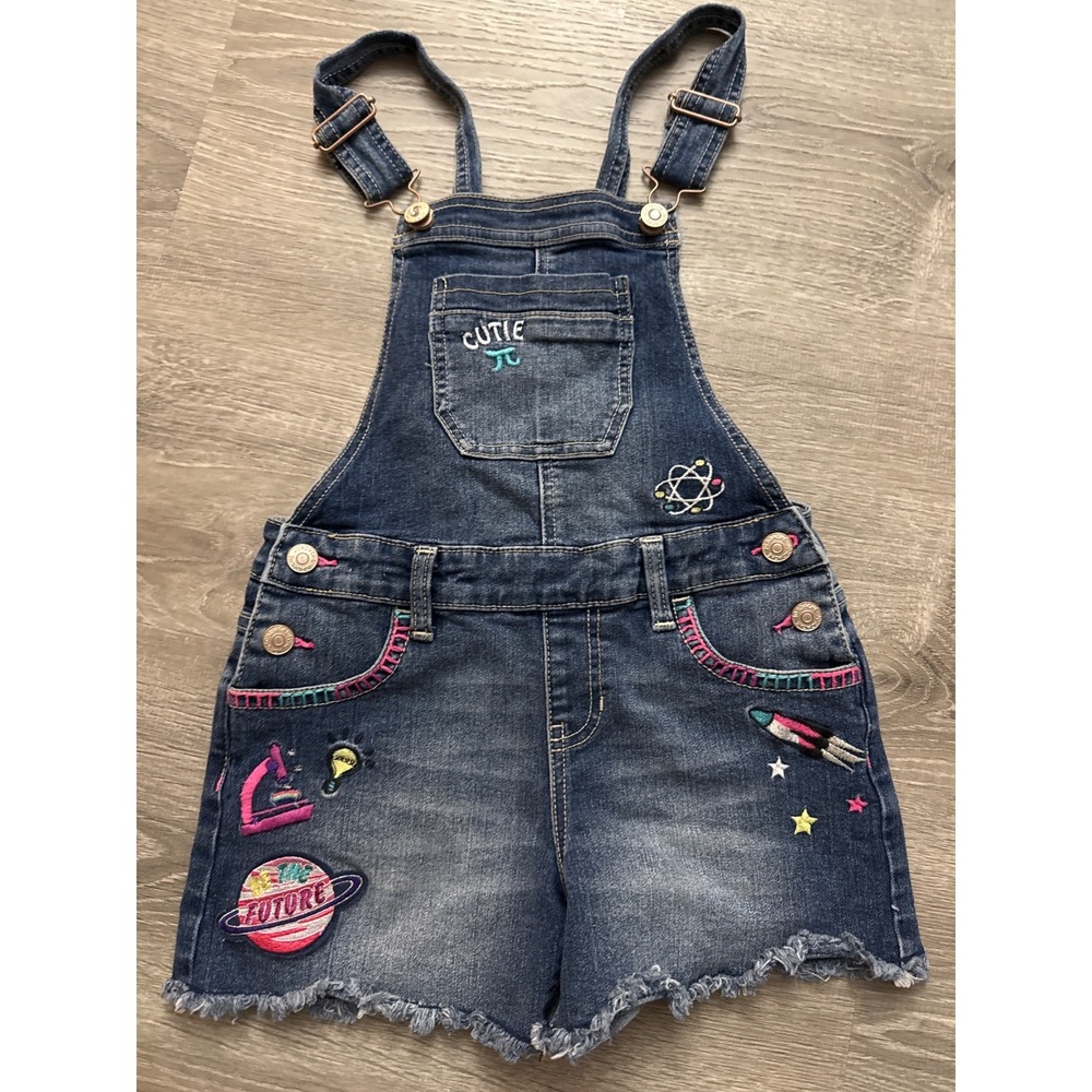 Jordache‎ Girl M 7-8 Denim Shorts Coveralls Blue embroidered space, colorful
